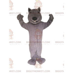 Στολή μασκότ Smiling Grey Wolf BIGGYMONKEY™. στολή λύκου -
