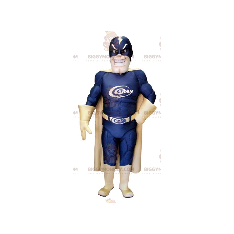 Superheld BIGGYMONKEY™ mascottekostuum met blauw en goud pak -