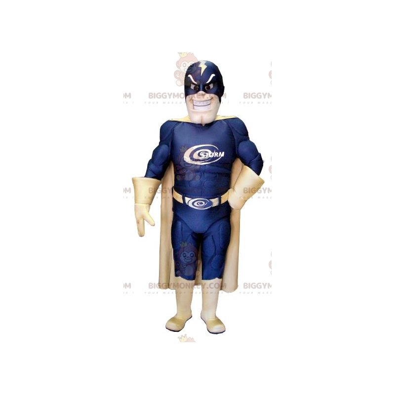 Superhero BIGGYMONKEY™ Mascot Costume with Blue and Gold Suit -