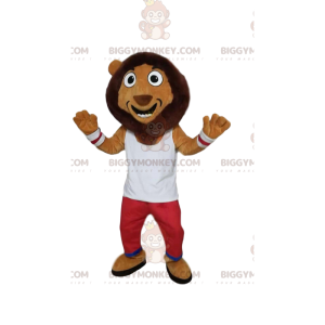 Comic lion BIGGYMONKEY™ mascot costume, with red and white
