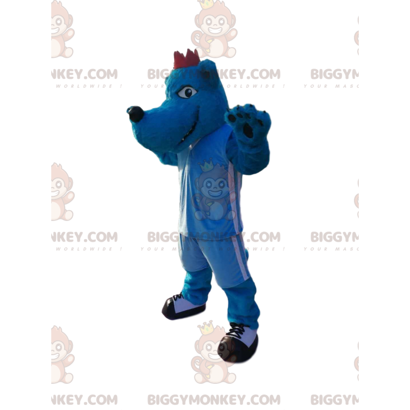 Blue Wolf Dog BIGGYMONKEY™ maskottiasu sinisessä urheiluasussa. Blue Wolf Dog BIGGYMONKEY™ maskottiasu sinisessä urheiluasussa.
