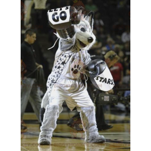 Traje de mascote BIGGYMONKEY™ preto e branco lobo cinzento em