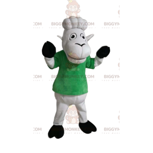 Weißes Schaf BIGGYMONKEY™ Maskottchenkostüm mit grünem T-Shirt.