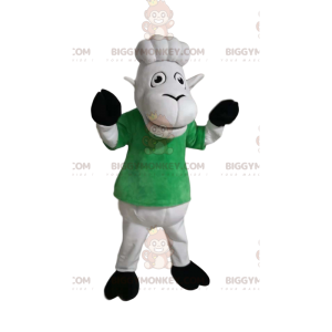 White sheep BIGGYMONKEY™ mascot costume with green t-shirt.