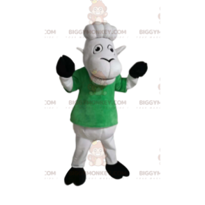 Weißes Schaf BIGGYMONKEY™ Maskottchenkostüm mit grünem T-Shirt.