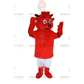 BIGGYMONKEY™ maskottiasu hyvin hymyilevälle pienelle punaiselle paholaiselle. pikku paholainen puku - BiggyMonkey.com
