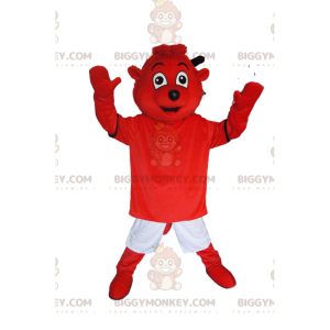 Disfraz de mascota BIGGYMONKEY™ de diablito rojo muy sonriente.