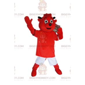 Disfraz de mascota BIGGYMONKEY™ de diablito rojo muy sonriente.