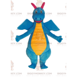 Fato de mascote BIGGYMONKEY™ de dinossauro azul e amarelo muito