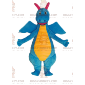 Fato de mascote BIGGYMONKEY™ de dinossauro azul e amarelo muito