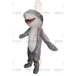 Zeer vrolijk BIGGYMONKEY™ mascottekostuum grijze en witte haai.