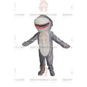 Sehr fröhliches BIGGYMONKEY™-Maskottchenkostüm mit grauem und weißem Hai. Hai-Kostüm - Fischmaskottchen - BiggyMonkey.com