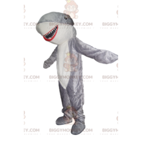Sehr fröhliches BIGGYMONKEY™-Maskottchenkostüm mit grauem und weißem Hai. Hai-Kostüm - Fischmaskottchen - BiggyMonkey.com