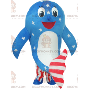 Dolphin BIGGYMONKEY™ maskotdräkt i blå, vit och röd amerikansk