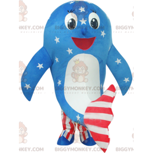 Στολή μασκότ Dolphin BIGGYMONKEY™ σε μπλε, λευκό και κόκκινο