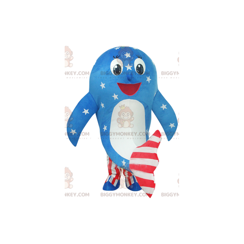 Costume da mascotte Dolphin BIGGYMONKEY™ in abito americano Costume da mascotte Dolphin BIGGYMONKEY™ in abito americano