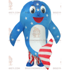 Delfin-BIGGYMONKEY™-Maskottchen-Kostüm im blauen, weißen und