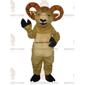 BIGGYMONKEY™ mascot costume of beige goat with great horns.