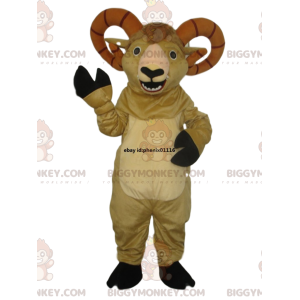 Kostým maskota BIGGYMONKEY™ béžové kozy s velkými rohy. kozí
