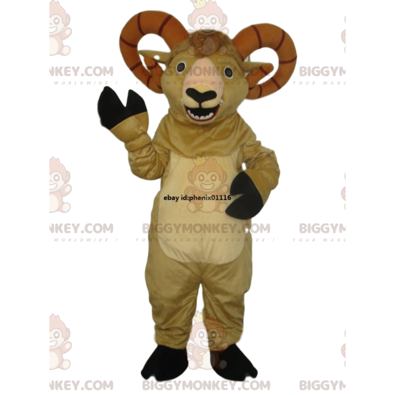 BIGGYMONKEY™ maskotdräkt av beige get med fantastiska horn. get BIGGYMONKEY™ maskotdräkt av beige get med fantastiska horn. get