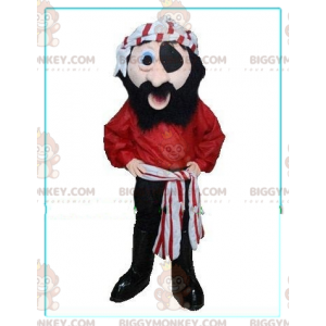 BIGGYMONKEY™ leende piratmaskotdräkt med röd och vit cheche -