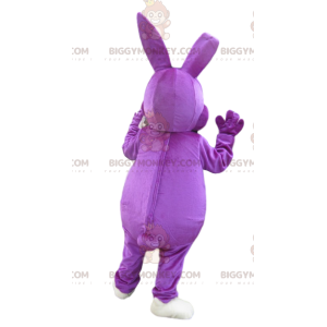 Fantasia de mascote BIGGYMONKEY™ do coelho roxo muito feliz.