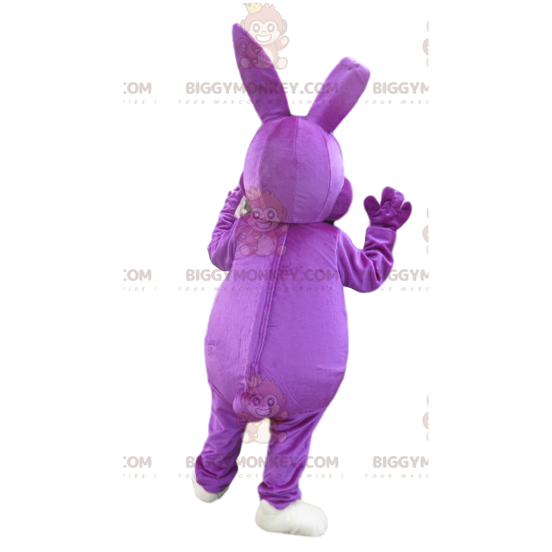 Fantasia de mascote BIGGYMONKEY™ do coelho roxo muito feliz. Fantasia de mascote BIGGYMONKEY™ do coelho roxo muito feliz.
