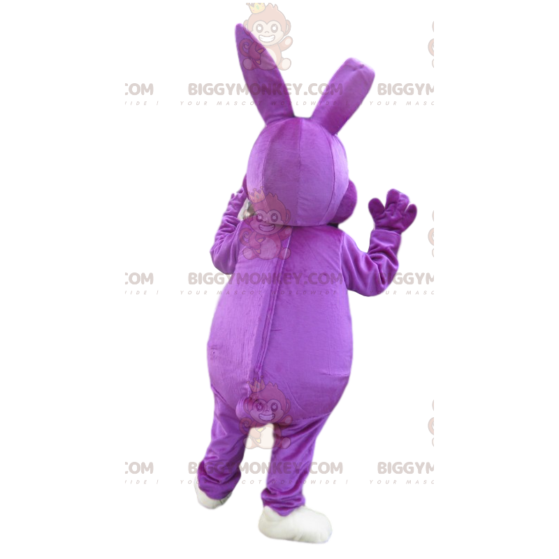 Mycket glad lila kanin BIGGYMONKEY™ maskotdräkt. kanin kostym -