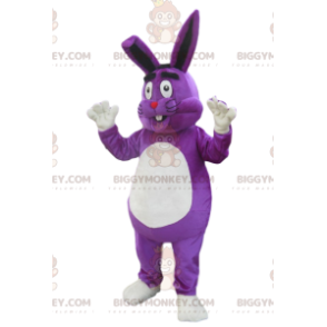 Mycket glad lila kanin BIGGYMONKEY™ maskotdräkt. kanin kostym -