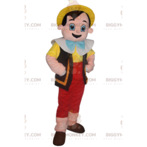 Kostým maskota BIGGYMONKEY™ Pinocchia se žlutým kloboukem.
