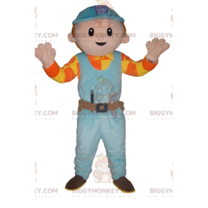 Handyman BIGGYMONKEY™ Mascot Costume with Blue Hard Hat -