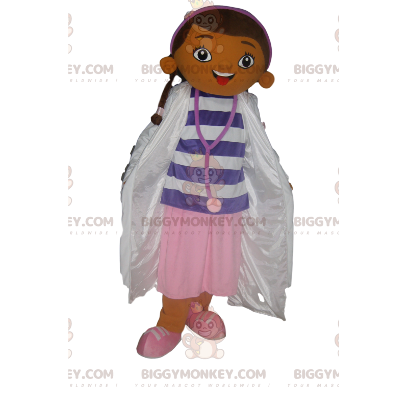 Costume de mascotte BIGGYMONKEY™ de petite fille brune en tenue Costume de mascotte BIGGYMONKEY™ de petite fille brune en tenue