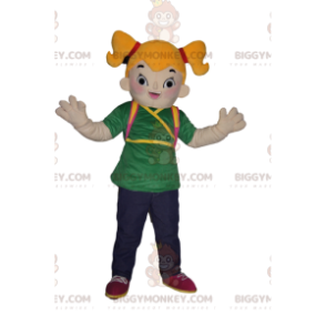 Little Girl BIGGYMONKEY™ Mascot Costume with Blonde Pigtails -