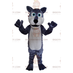 BIGGYMONKEY™ Maskottchenkostüm eines grau-weißen Wolfs mit