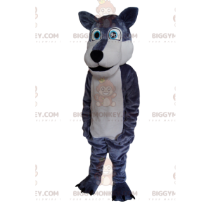 BIGGYMONKEY™ Maskottchenkostüm eines grau-weißen Wolfs mit