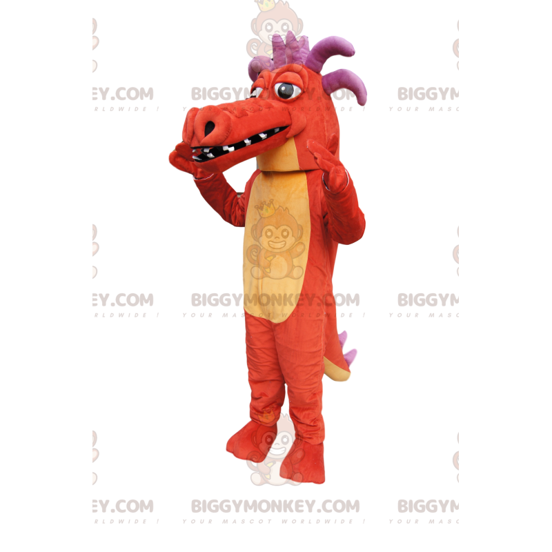 Kostým maskota BIGGYMONKEY™ oranžového draka s fialovými rohy!