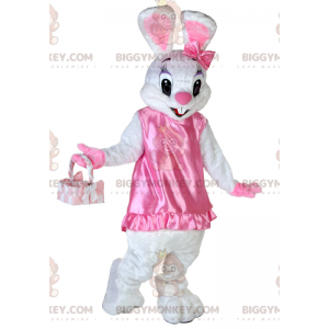 Fantasia de mascote BIGGYMONKEY™ Coelho branco com vestido rosa