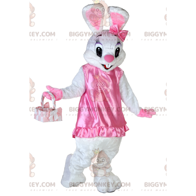 Fantasia de mascote BIGGYMONKEY™ Coelho branco com vestido rosa