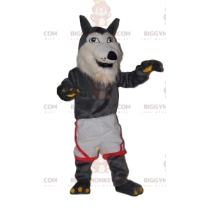 Disfraz de mascota BIGGYMONKEY™ de lobo gris muy alegre con