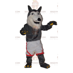 Sehr fröhliches Grauwolf-BIGGYMONKEY™-Maskottchen-Kostüm mit