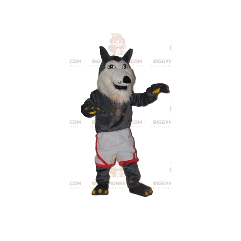 Disfraz de mascota BIGGYMONKEY™ de lobo gris muy alegre con Disfraz de mascota BIGGYMONKEY™ de lobo gris muy alegre con