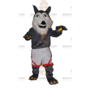 Traje de mascote BIGGYMONKEY™ de lobo cinzento muito alegre com