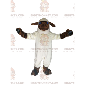 Traje de mascote de ovelha branca e marrom com grandes olhos