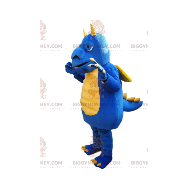 BIGGYMONKEY™ Costume da mascotte Drago blu e giallo con grande