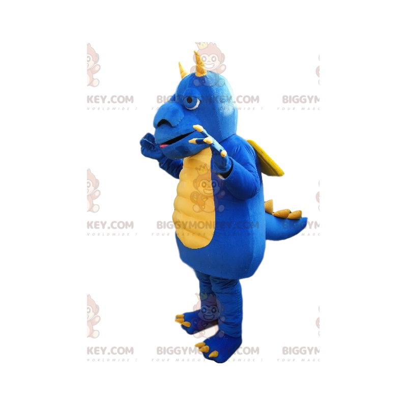 Kostium maskotki BIGGYMONKEY™ Niebieski i żółty smok z dużym Kostium maskotki BIGGYMONKEY™ Niebieski i żółty smok z dużym