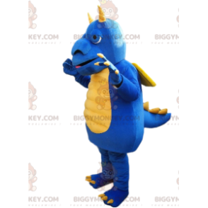 BIGGYMONKEY™ Costume da mascotte Drago blu e giallo con grande