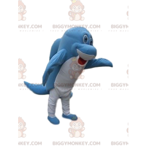 Mycket rolig blå och vit delfin BIGGYMONKEY™ maskotdräkt -