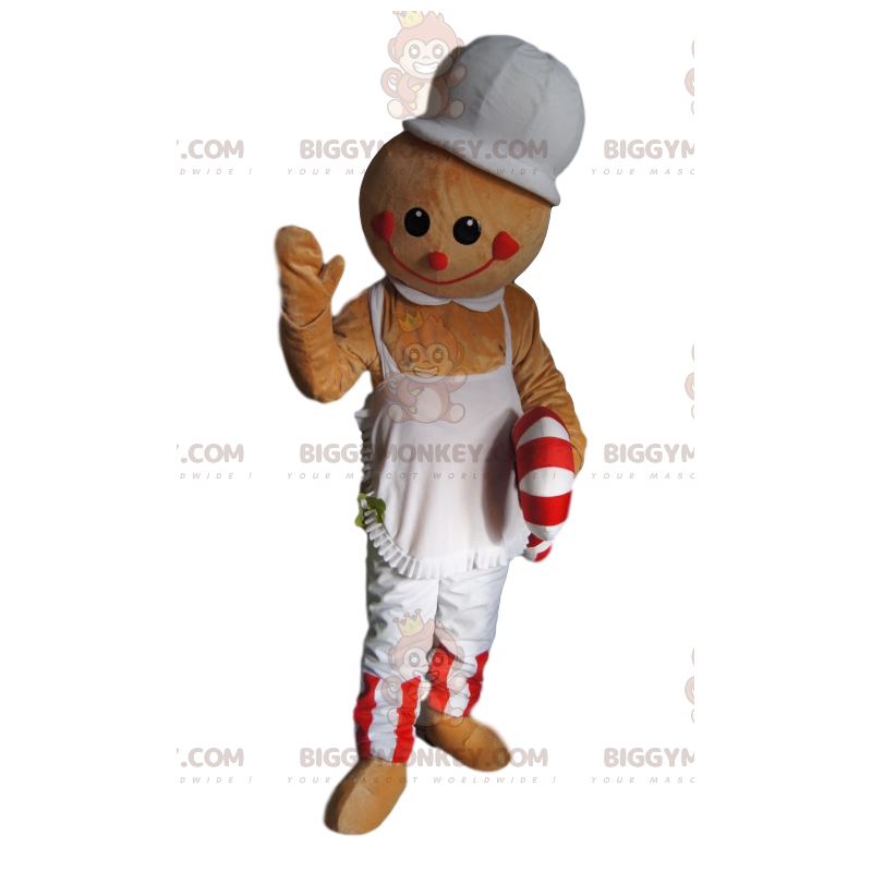 Beige snemand BIGGYMONKEY™ maskotkostume med forklæde og Beige snemand BIGGYMONKEY™ maskotkostume med forklæde og