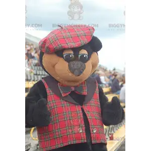 BIGGYMONKEY™ maskotkostume sort og brun bjørn plaid kjole -