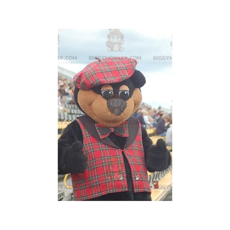 BIGGYMONKEY™ maskotkostume sort og brun bjørn plaid kjole - BIGGYMONKEY™ maskotkostume sort og brun bjørn plaid kjole -
